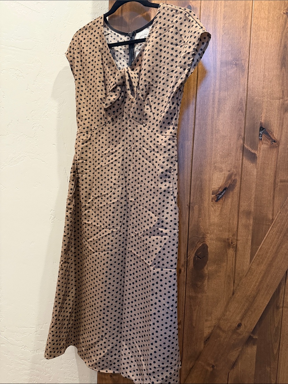 Polka Dot Tie-Front Midi Dress in Tan and Black